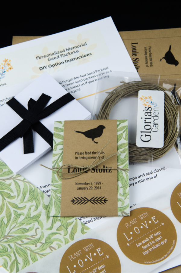 Do-It-Yourself Memorial Bird Seed Packets with Green Foliage Print Wraps