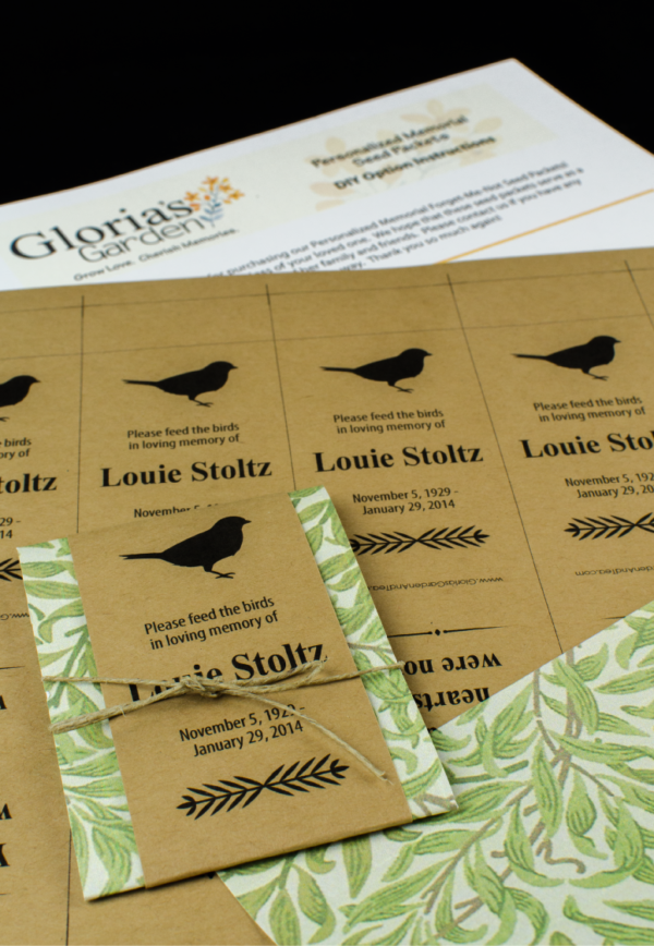 Do-It-Yourself Memorial Bird Seed Packets with Green Foliage Print Wraps